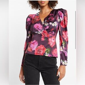 NWT Express Satin Floral Puff Sleeve Wrap Top